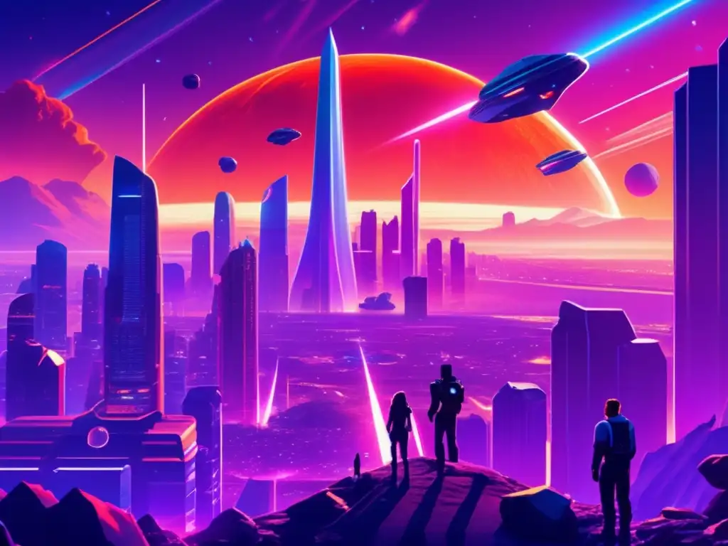 Serie ciencia ficción: Futurista ciudad con rascacielos, asteroide