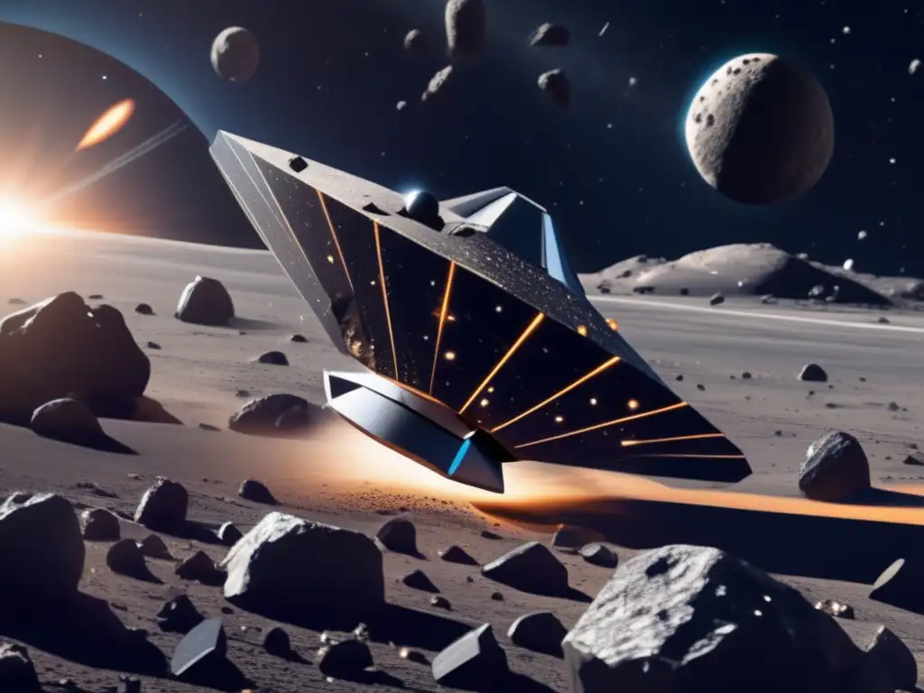 Silicatos en asteroides rocosos: nave espacial explorando el vasto espacio rodeado de rocas irregulares