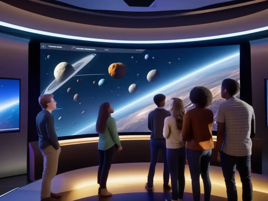 Simulación gravedad asteroides trayectoria estudiantes pantalla interactiva