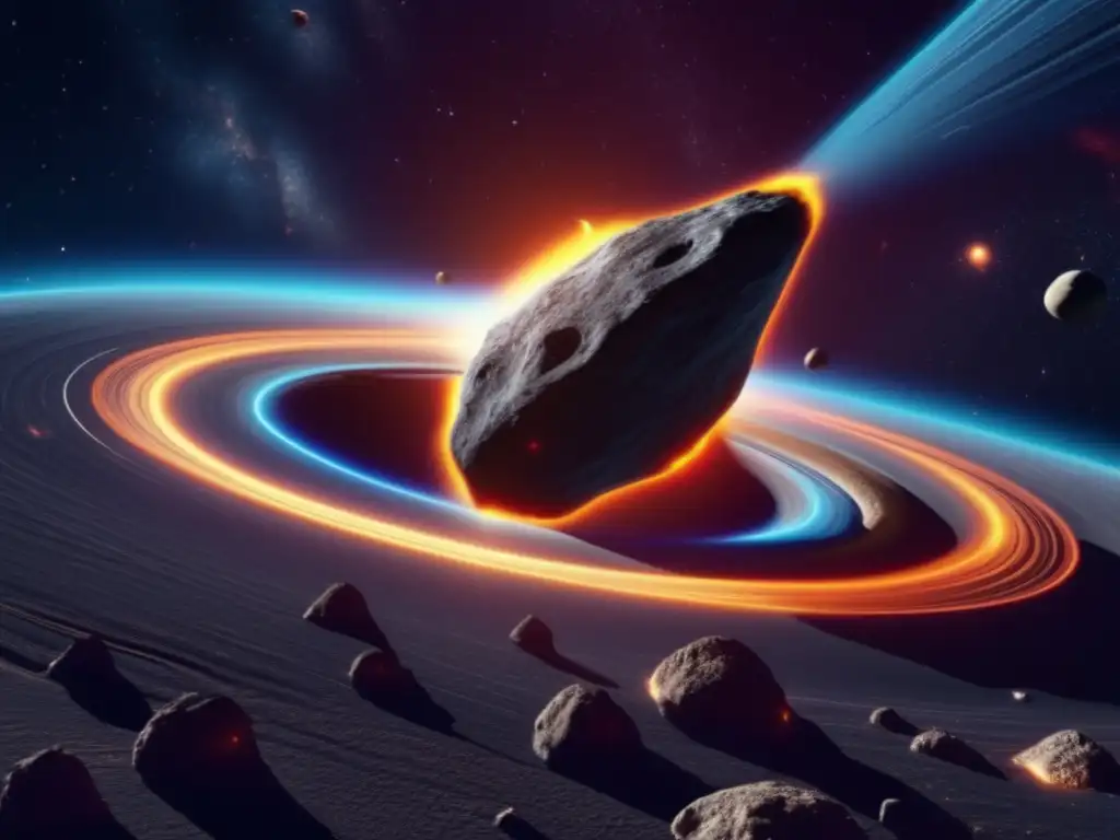 Simulación gravedad asteroides trayectoria 8k ultradetallada en espacio profundo con vibrante asteroide y líneas luminosas