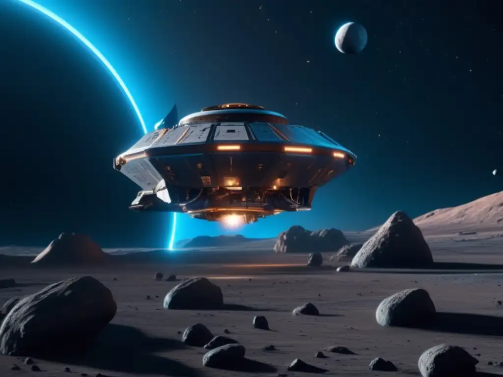 Simulaciones extracción asteroides: nave espacial futurista en el espacio con asteroide colosal