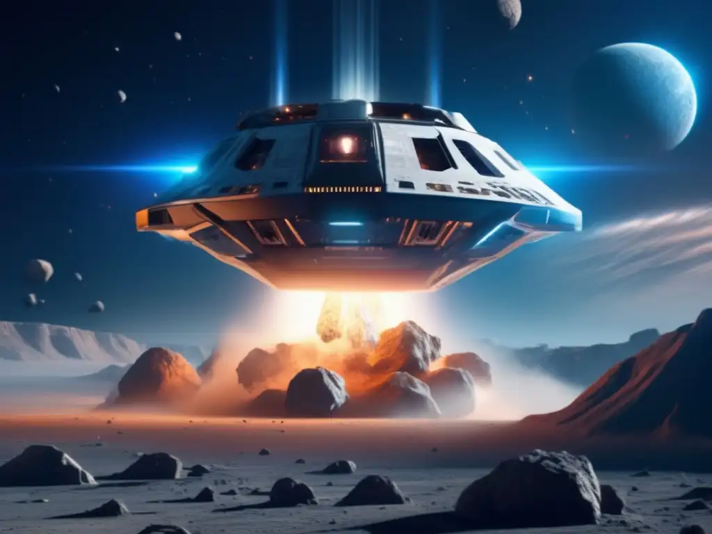 Simulaciones extracción asteroides: nave futurista sobre asteroide, tecnología avanzada, movimiento y precisión