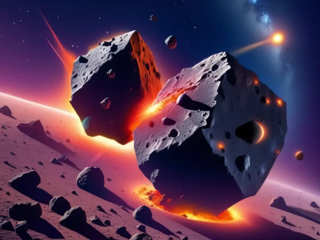 Simulaciones colisiones asteroides irregulares: Impacto caótico y colorido en el espacio estelar