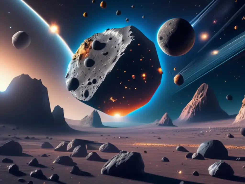 Simulaciones de impacto de asteroides en un escenario espacial futurista con minerales valiosos y tecnología avanzada