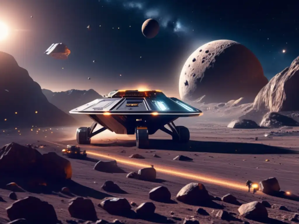 Simulaciones impactos asteroides efectos climáticos: Operación minera espacial futurista en asteroide, nave gigante con drones mineros