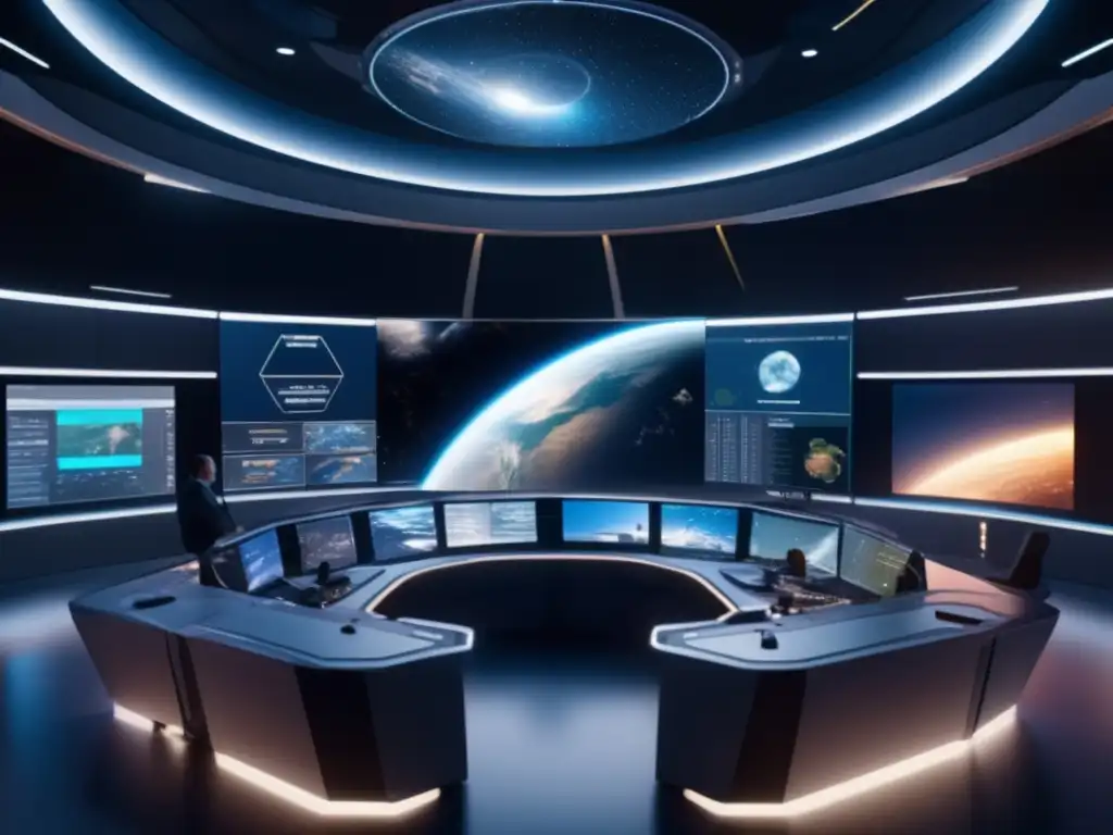Preparación simulacros impacto defensa planetaria en sala de mando futurista con científicos y tecnología avanzada