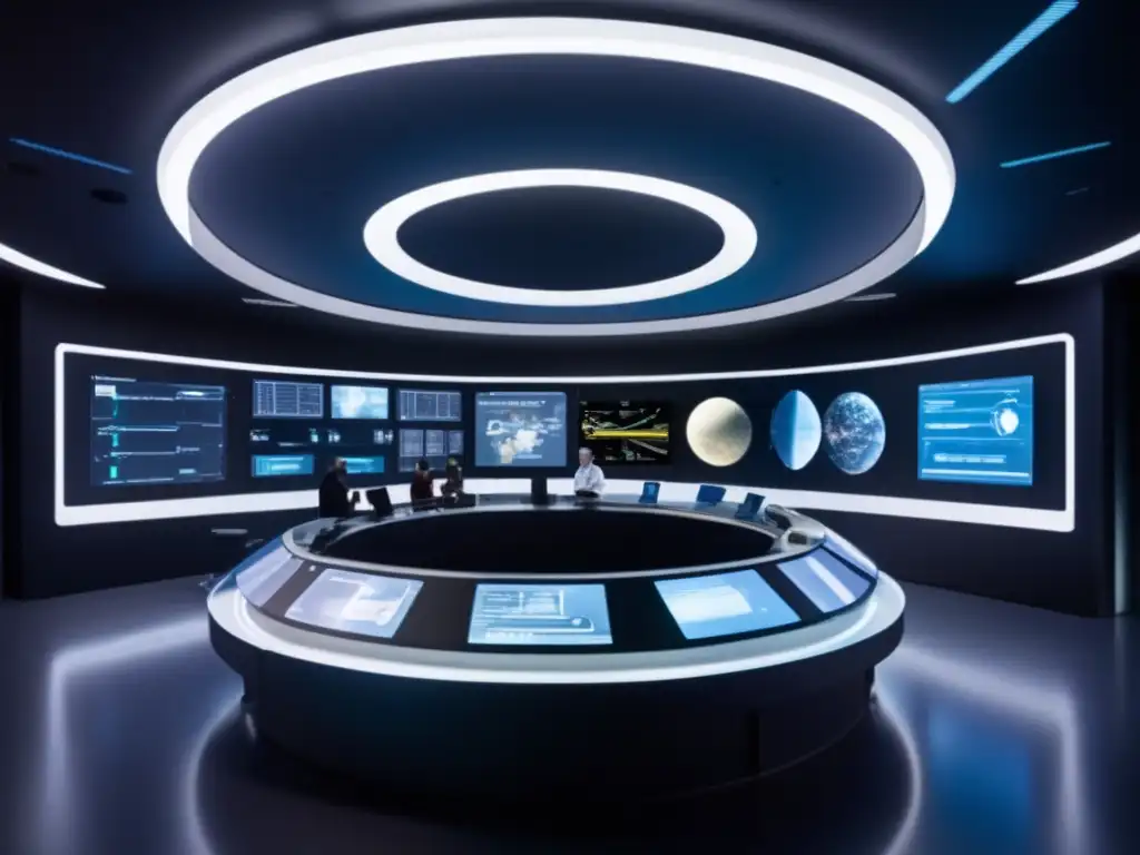 Simulador avanzado: estudio interna asteroides, tecnología futurista, emoción y descubrimiento en sala iluminada y vidriada