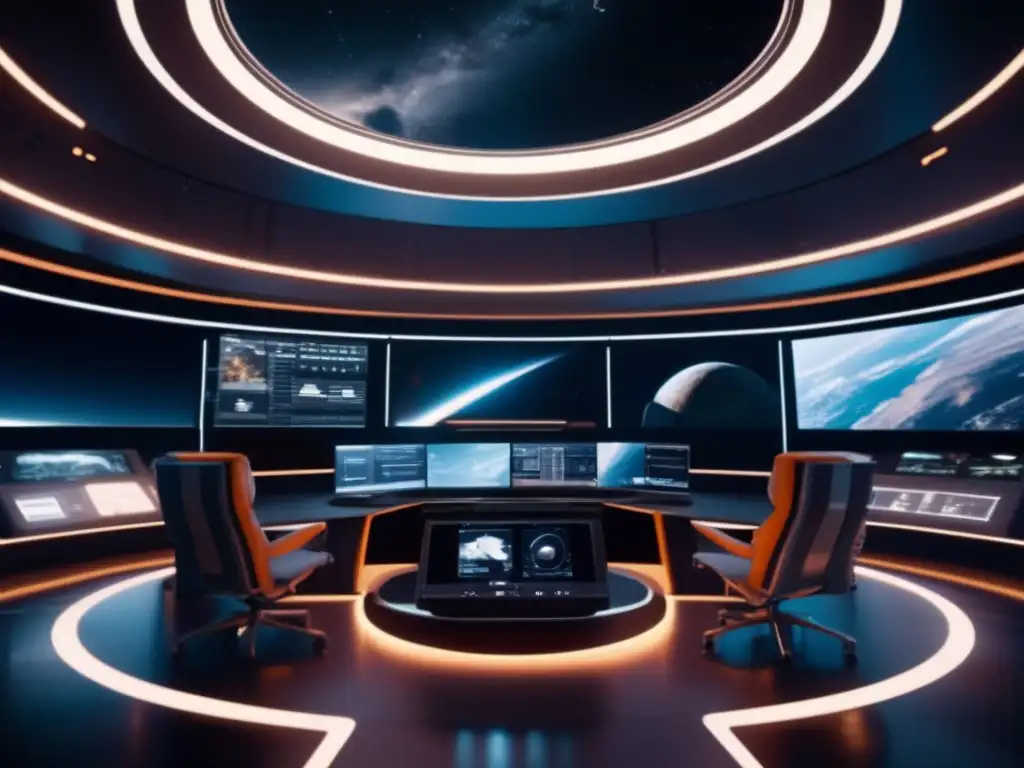 Simulador de defensa contra asteroides en control room futurista de una estación espacial, con astronautas y tecnología avanzada