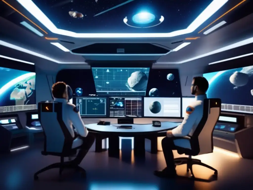 Simulador defensa asteroides, equipo científico y tecnología avanzada en control room de estación espacial