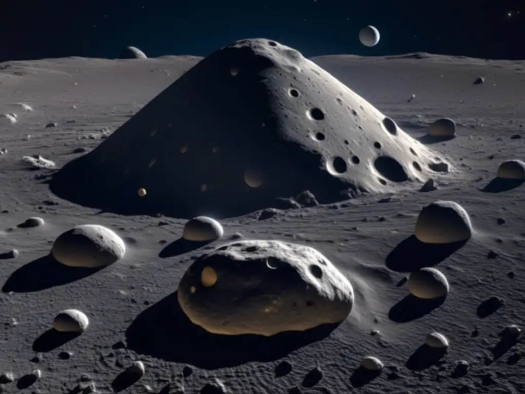 Sistema de lunas de asteroide Sylvia: imagen 8k ultradetallada, muestra asteroide irregular con cráteres y lunas de diferentes formas y composiciones