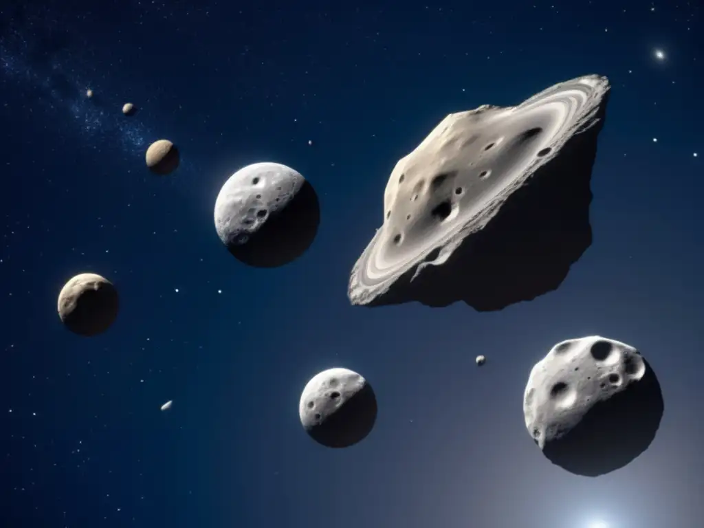 Sistema de lunas del asteroide Sylvia con paisajes rocosos, cráteres y actividad geológica, enmarcado en el espacio estelar