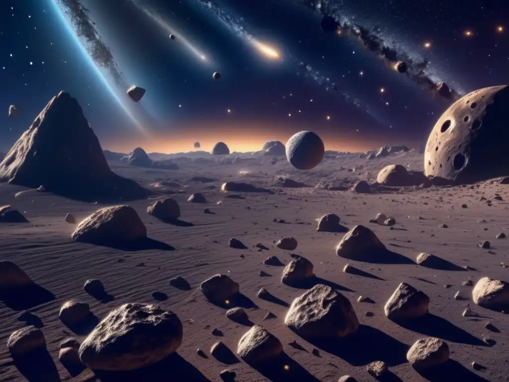 Sistema monitoreo global: Imagen 8K de asteroides en espacio, con variedad de formas y texturas, revelando su evolución y belleza enigmática