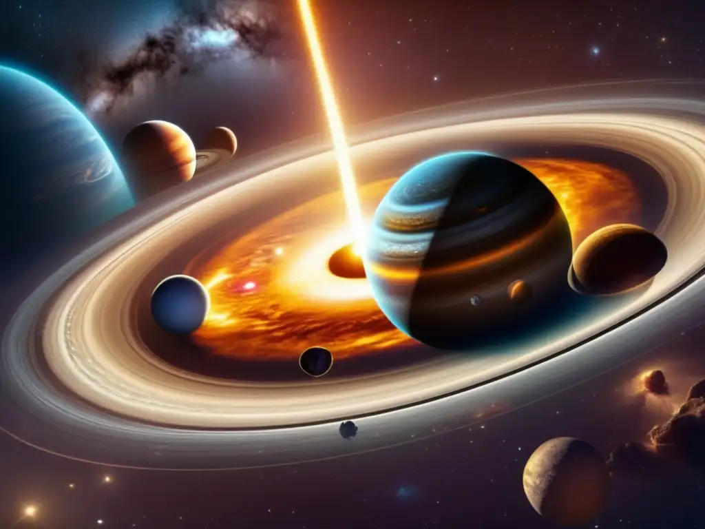 Formación y evolución del sistema solar: Nebulosa, protostar, planetas, estrellas y colores vibrantes