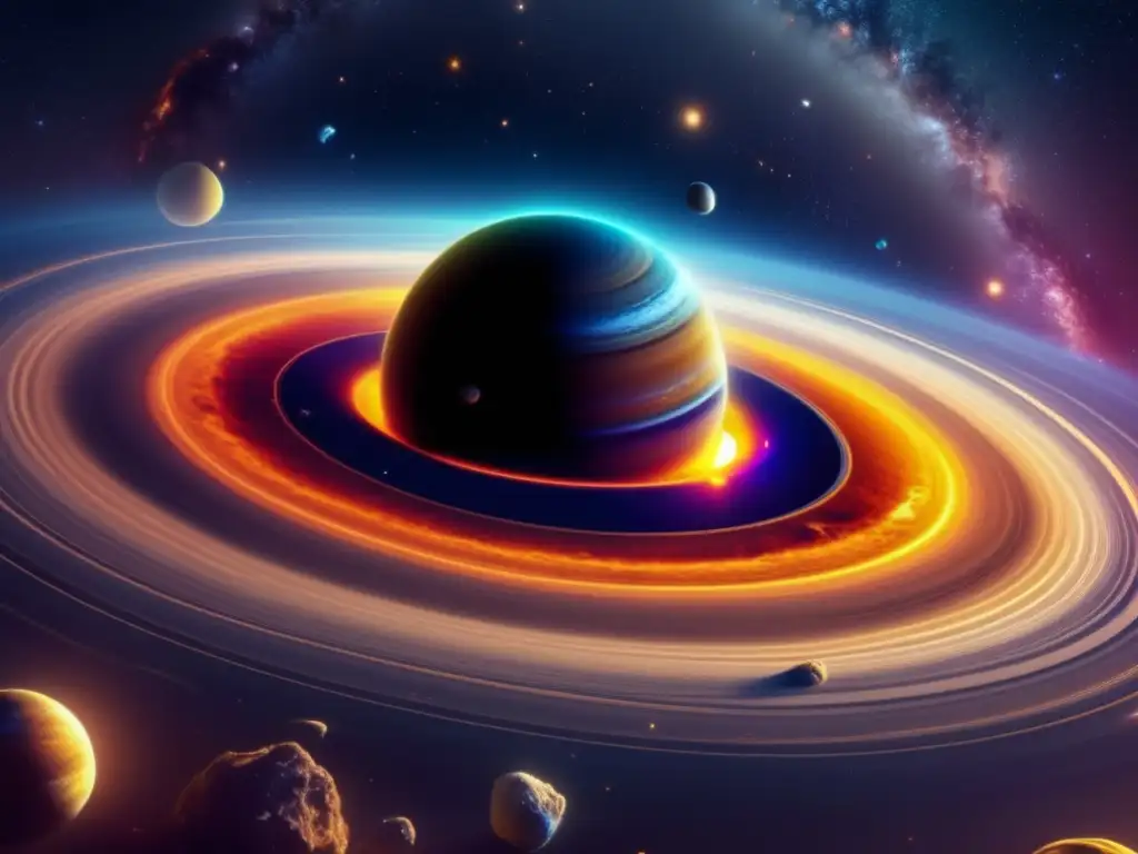 Formación sistema solar: Nebulosa colorida con discos protoplanetarios y colisiones de asteroides