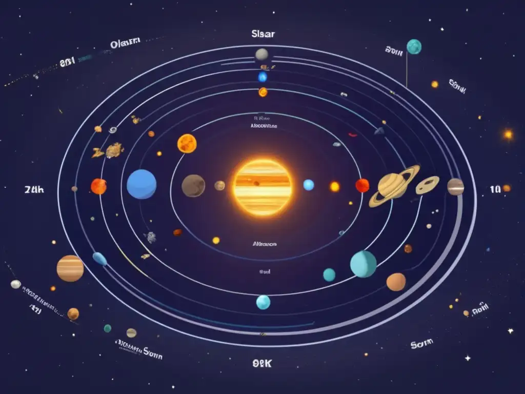 Sistema solar con el sol en el centro, asteroides, cometas y planetas en detalle