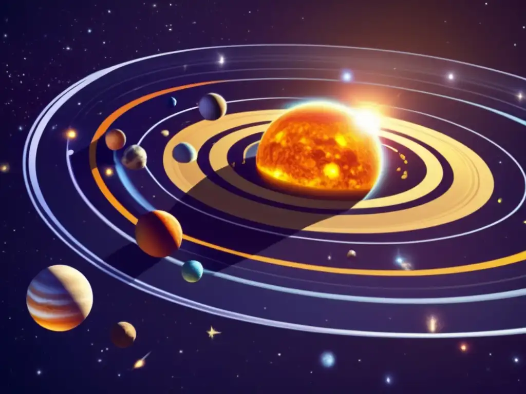 Sistema solar con el Sol como un orbe dorado, planetas y asteroides