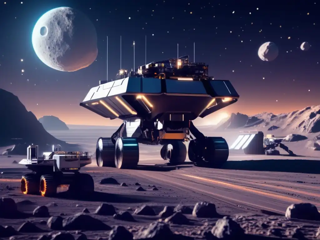 Minero futurista en asteroide Sistema de soporte vital en minería de asteroides con avanzada tecnología y astronautas operando maquinaria