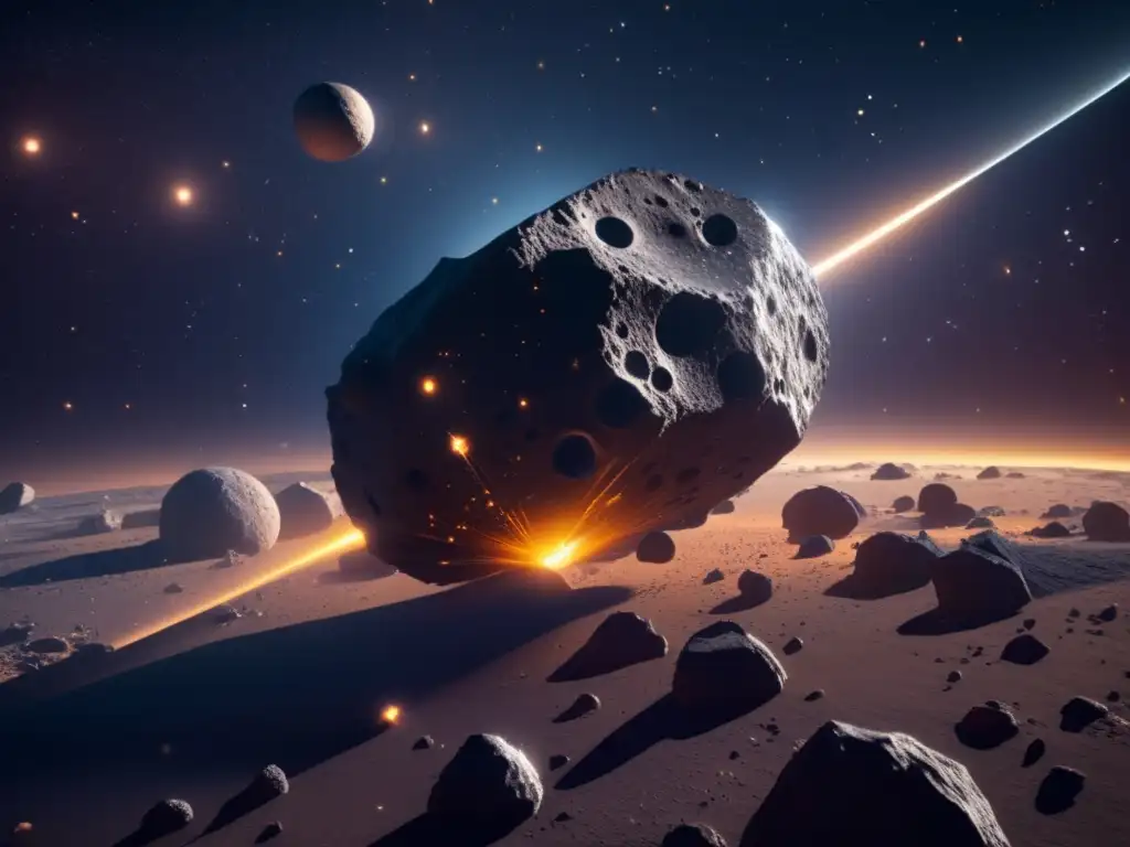 Investigación sobre sistemas de asteroides múltiples: imagen detallada en 8K de una sonda espacial orbitando un lejano cúmulo de asteroides