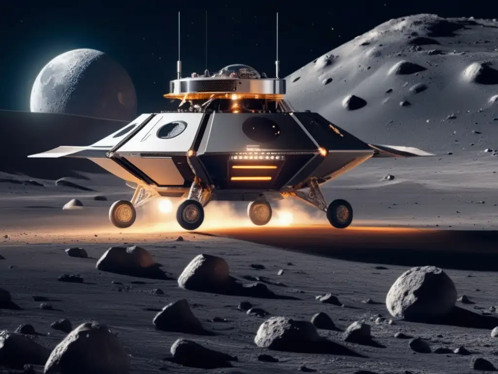 Sistemas AntiColisión Minería Espacial, nave espacial futurista en la Luna