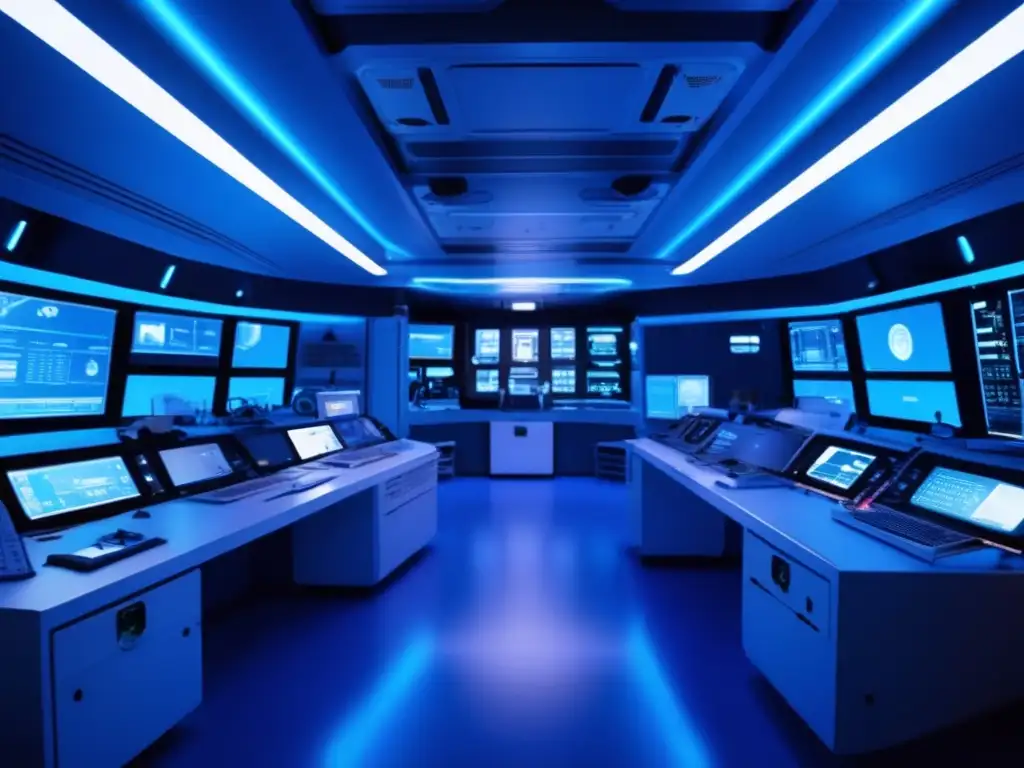 Sistemas AntiColisión en Minería Espacial: Control room futurista con tecnología avanzada y vista al espacio