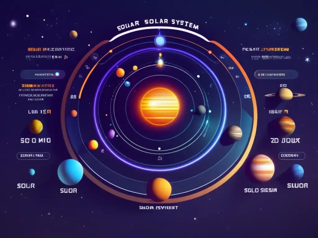 Software interactivo sistema solar: interfaz moderna y detallada con planetas orbitando alrededor del sol