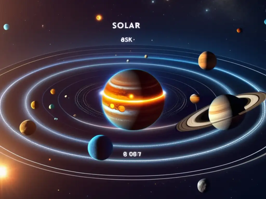 Software interactivo sistema solar - Detallada imagen en 8K del sistema solar, con planetas, asteroides y colores vibrantes