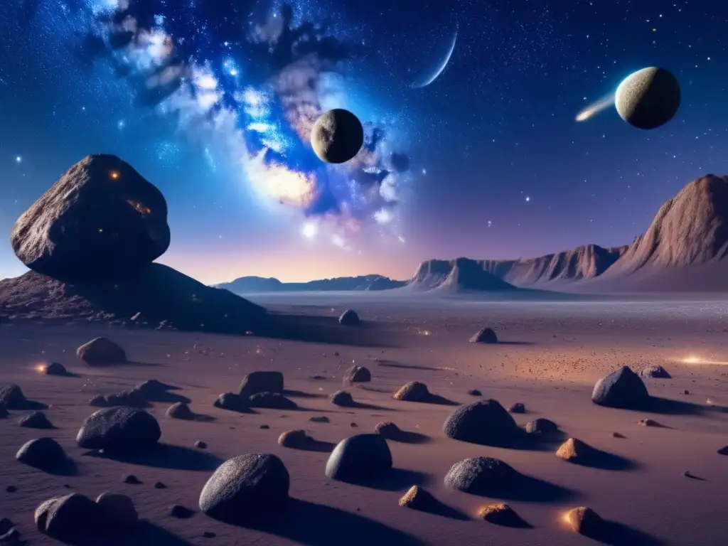 Software interactivo sistema solar: Noche estrellada 8k, asteroide masivo y colorido flota en el espacio, creando un paisaje celeste fascinante