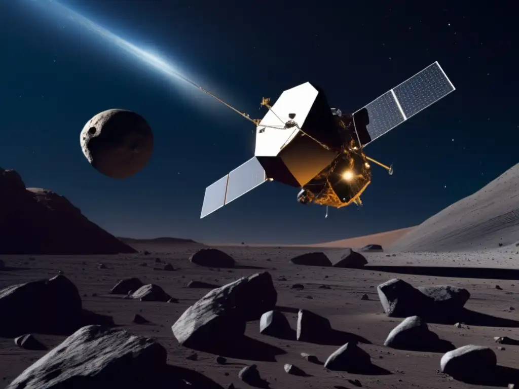 Una sonda espacial frente a un asteroide irregular, revelando su superficie rocosa y caótica