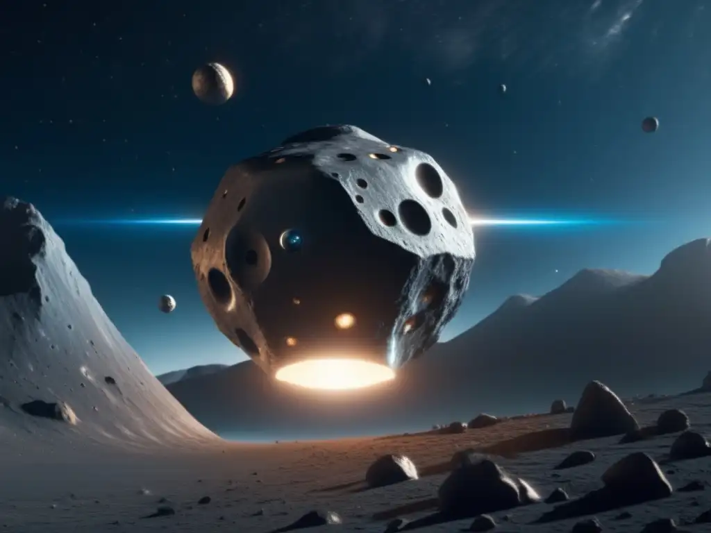 Una sonda espacial futurista explora un asteroide mientras brilla en el espacio