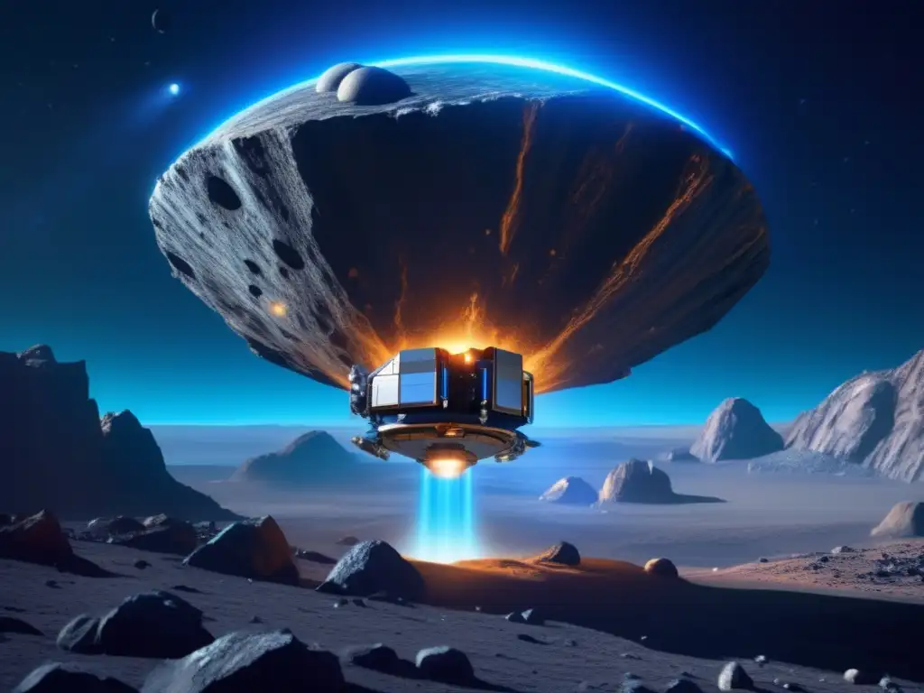 Sonda espacial futurista sobre asteroide, destacando impacto de asteroides en la Tierra