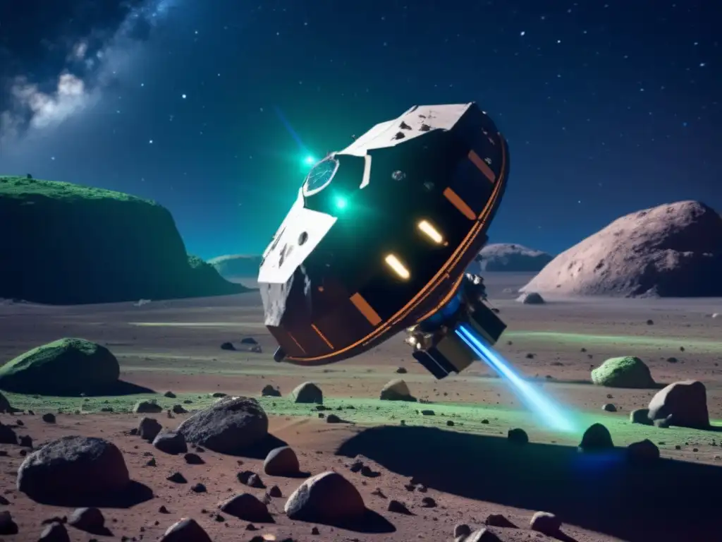 Sonda espacial futurista investigando asteroide - Regulaciones investigación asteroides leyes internacionales