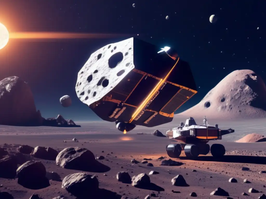 Sonda espacial futurista explora asteroides: Excitante exploración internacional asteroides, recursos, tecnología avanzada y regulaciones