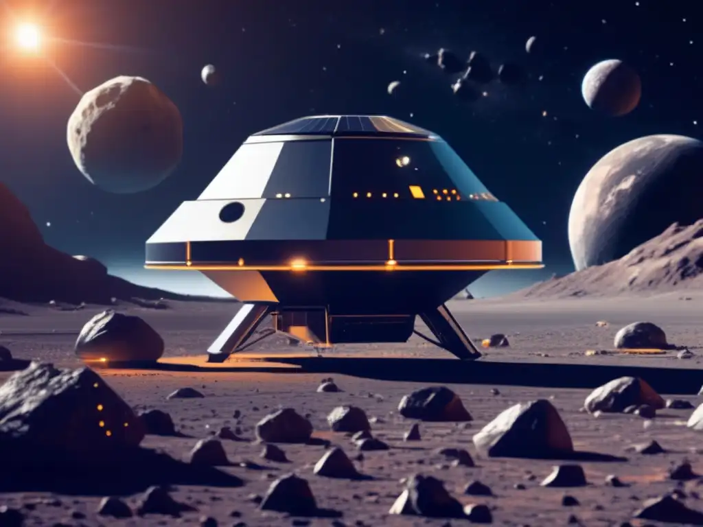 Sonda espacial futurista y asteroides en órbita, resalta el desarrollo de escudos contra asteroides