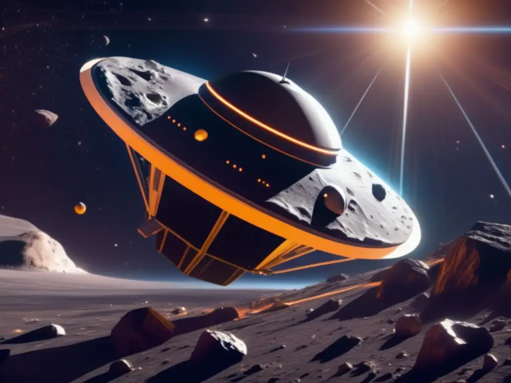Sonda espacial futurista recolectando recursos de un asteroide: Exploración de asteroides como recurso