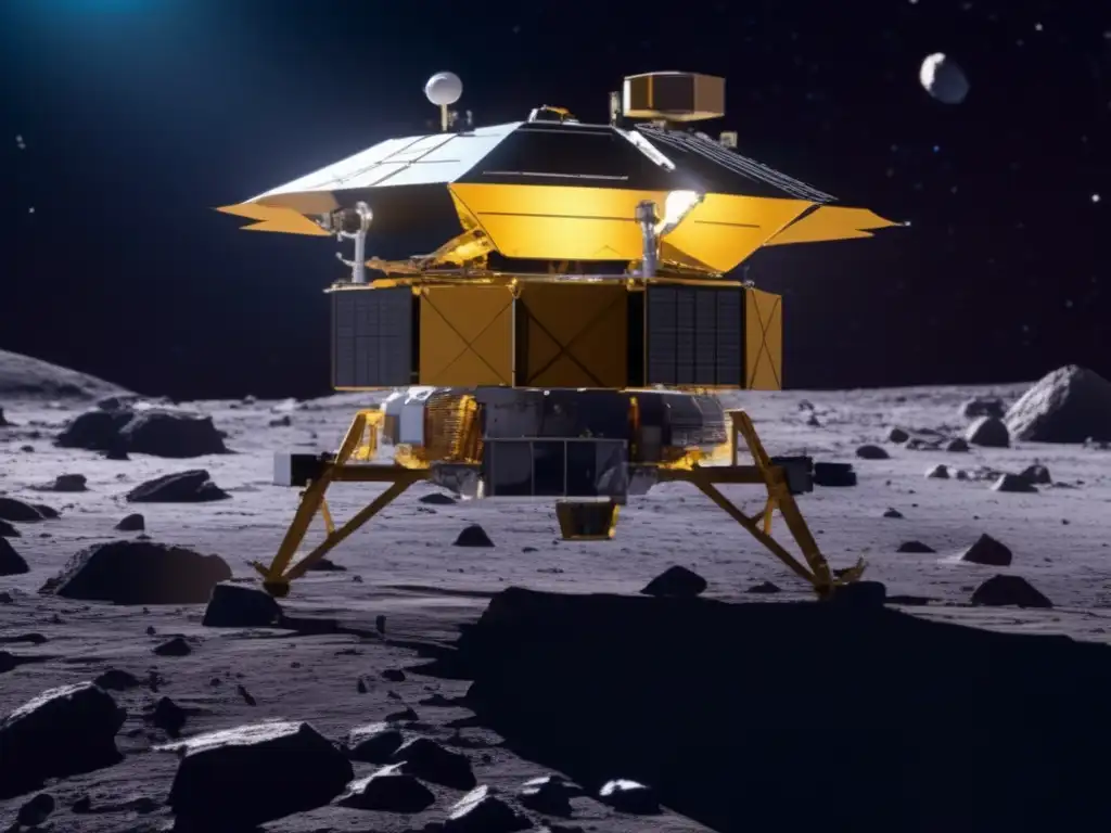 Sondeo espacial: sonda futurista sobre asteroide Ryugu, recolectando muestras en entorno estelar