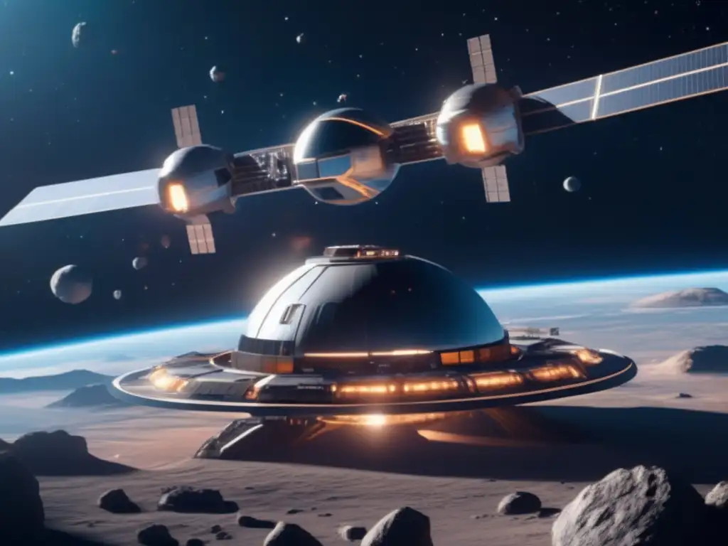 Inversión sostenible en minería de asteroides: Estación espacial futurista en órbita de asteroide, actividad minera y belleza del espacio