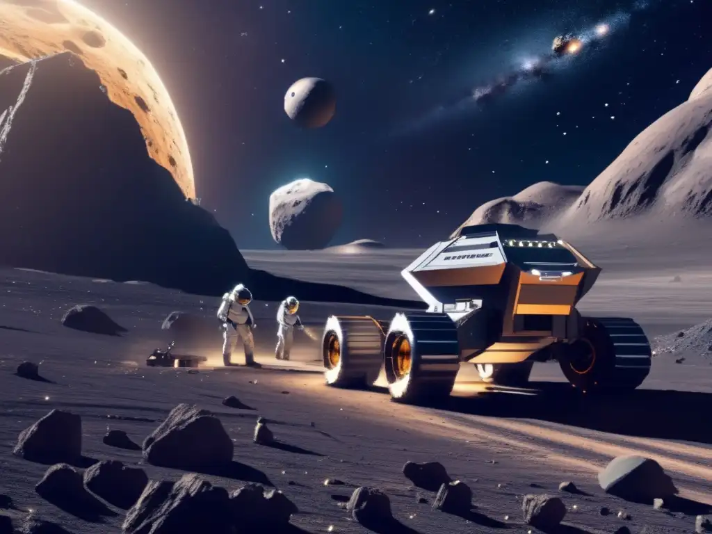 Inversión sostenible en minería de asteroides: Futurista operación minera espacial en un asteroide, con robots avanzados extrayendo recursos