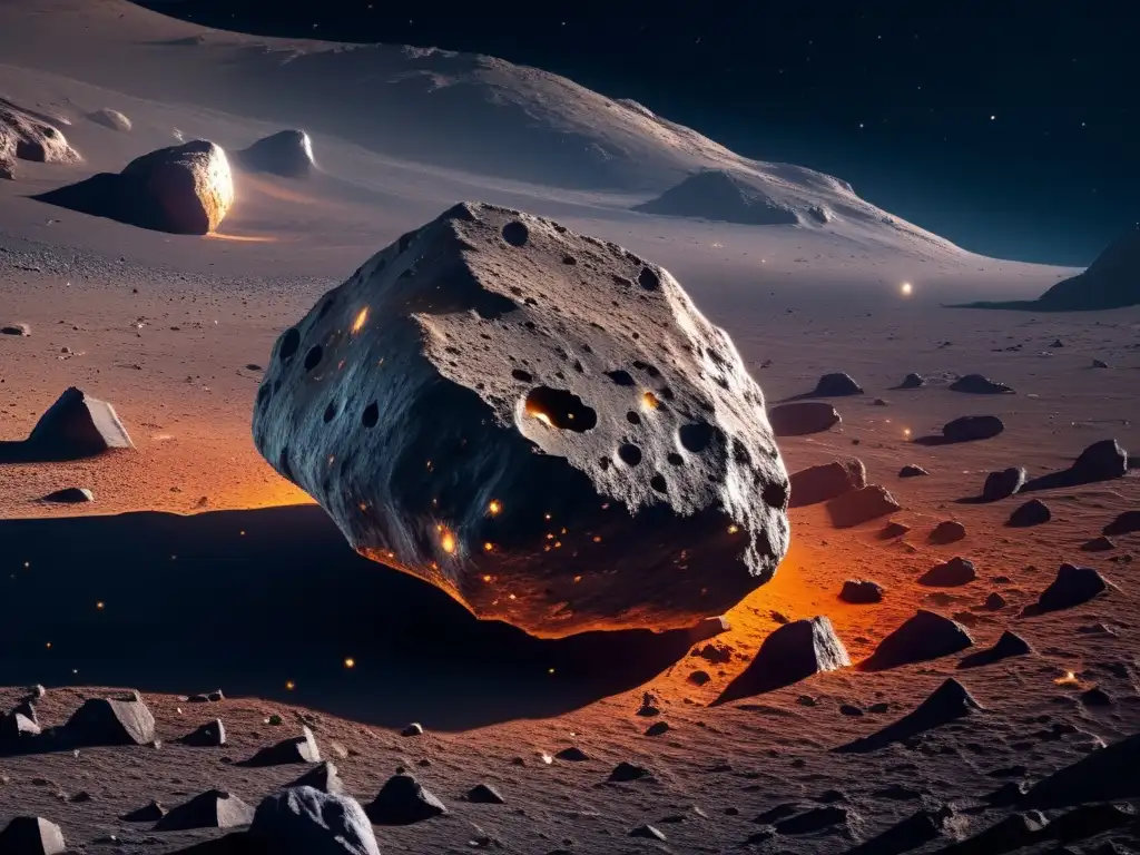 Superdetallada imagen 8k de la superficie de un asteroide con colores variados y una delicada recolección de muestras con un brazo robótico