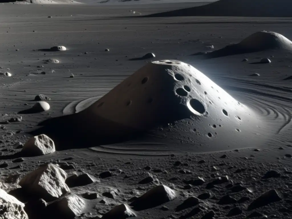 Superficie asteroide Eros: Detalles, paisaje desolado, sombras largas, historia geológica, presencia en el espacio