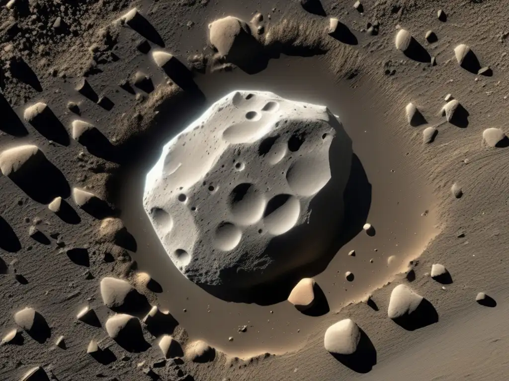 Superficie detallada de asteroide, con rocas, suelo suelto y partículas de polvo que conforman el regolito