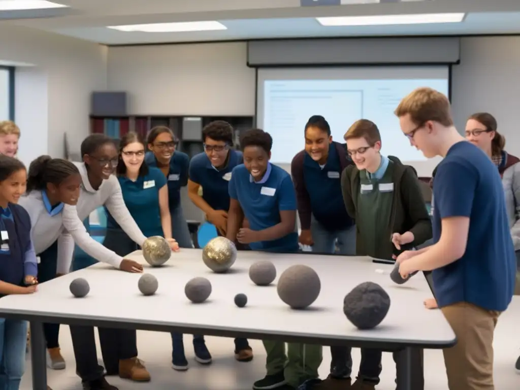 Talleres prácticos de modelado de asteroides con estudiantes entusiastas en aula moderna y luminosa