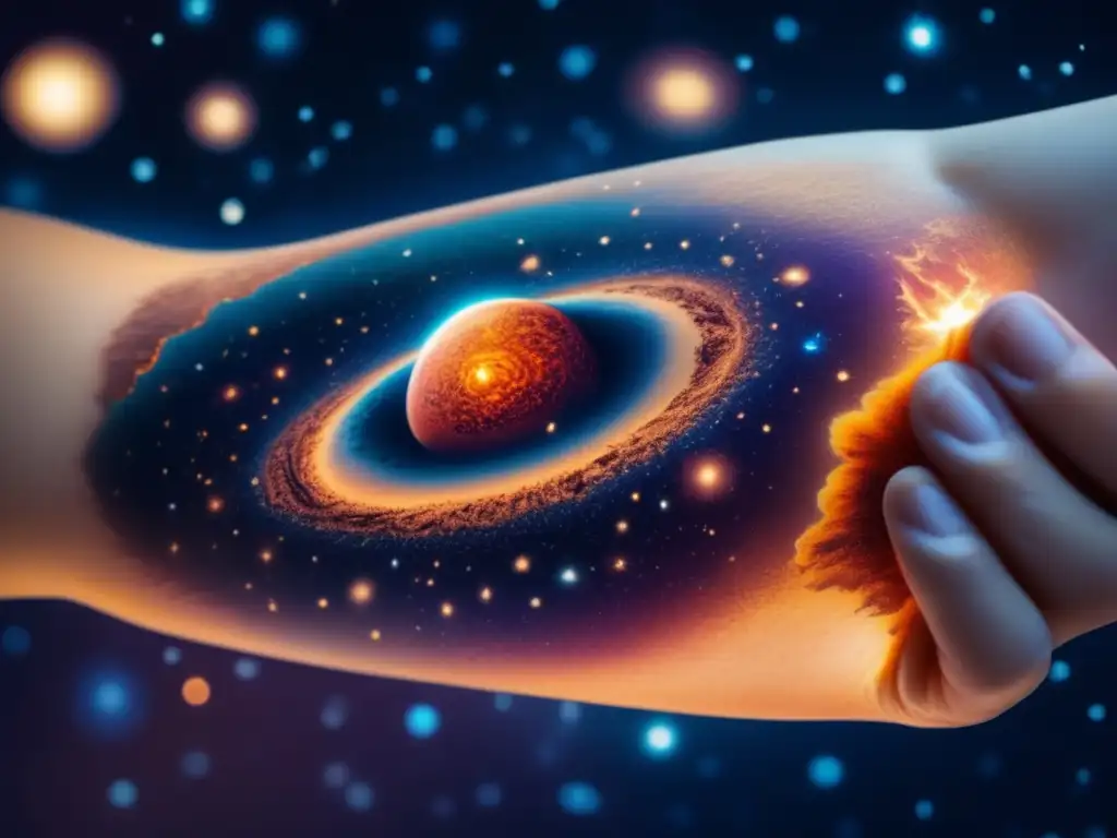 Tatuaje celestial de asteroide en brazo Tatuaje celestial: Asteroide brillante rodeado de polvo cósmico en un tatuaje realista con detalles intrincados