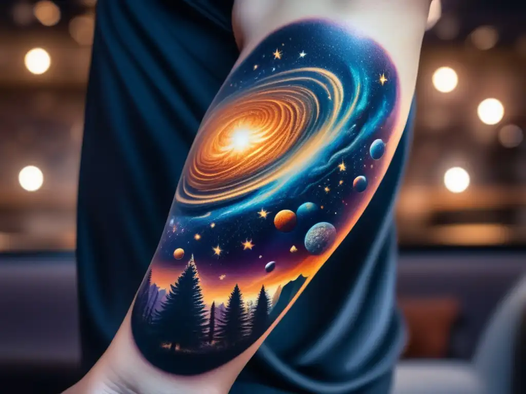 Increíble tatuaje celeste en un antebrazo Tatuaje celestial con asteroides en brazo