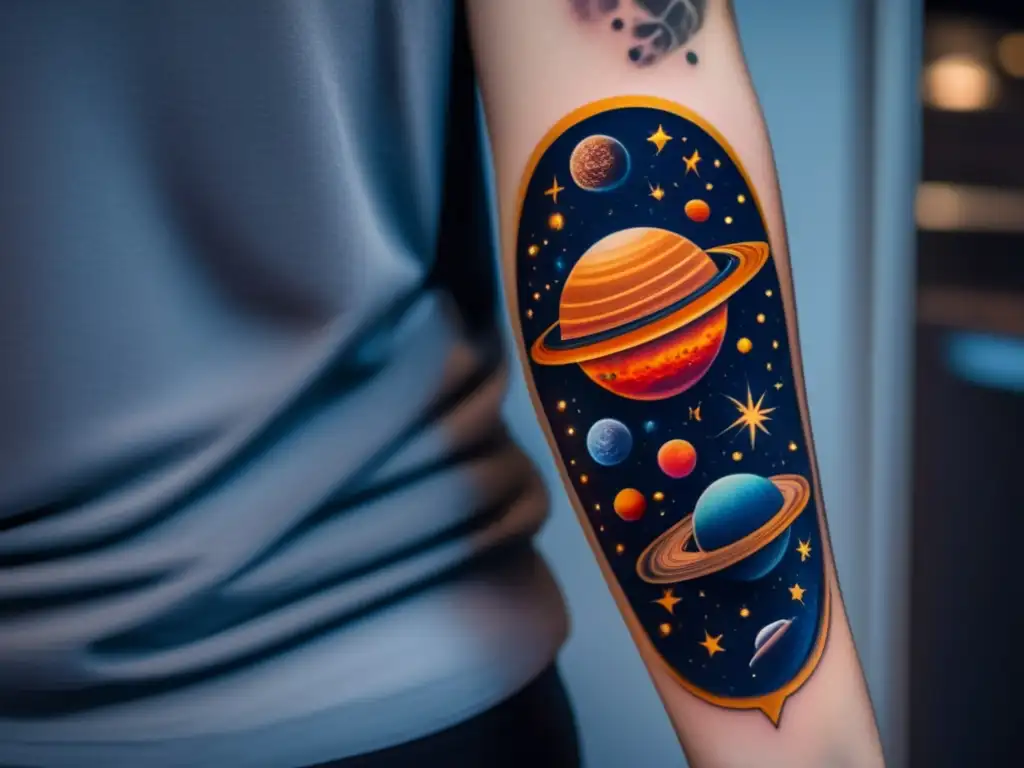 Increíble tatuaje celestial en un antebrazo Tatuaje estelar con asteroides: brazo adornado con una escena celestial vibrante, planetas y asteroides orbitando