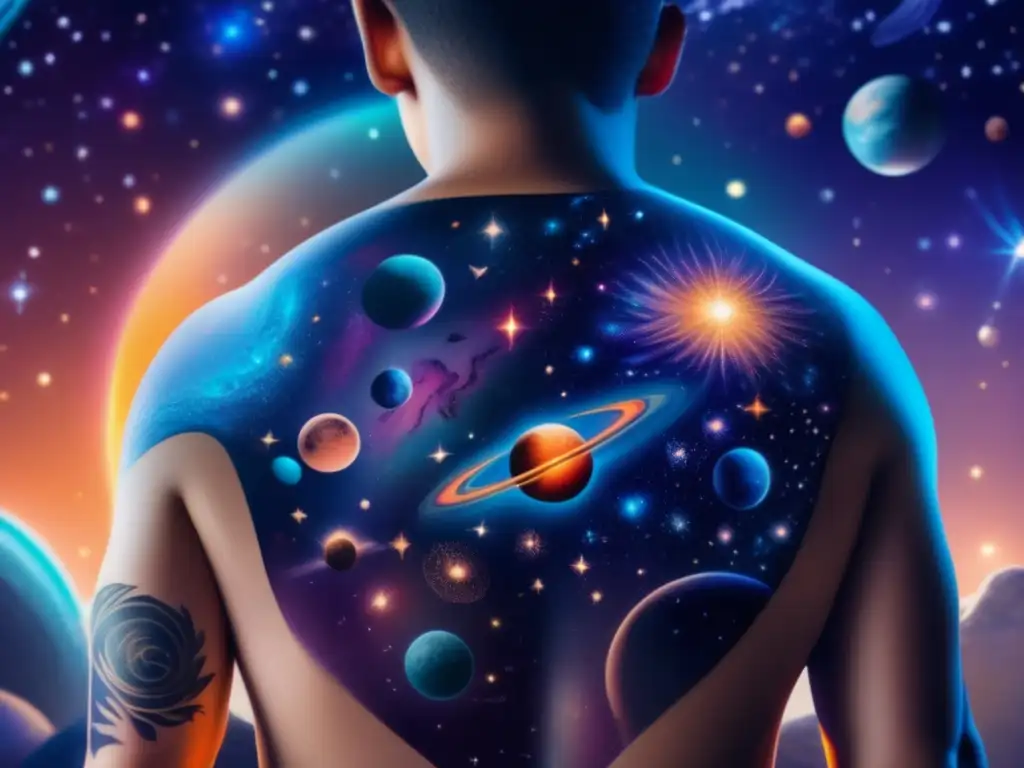 Tatuaje celestial de asteroides en la espalda Tatuaje estelar con asteroides: detallada imagen 8k de una espalda cubierta por un hipnotizante tatuaje celestial
