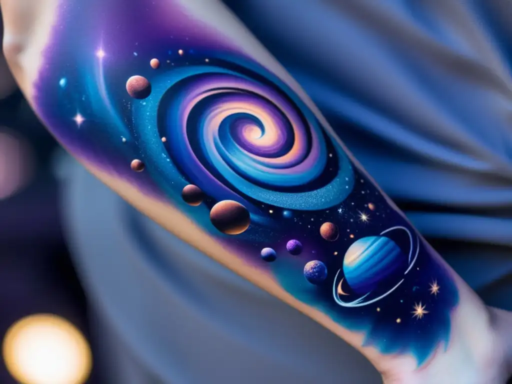 Tatuaje estelar con asteroides: detalle y realismo en una composición cosmica cautivadora