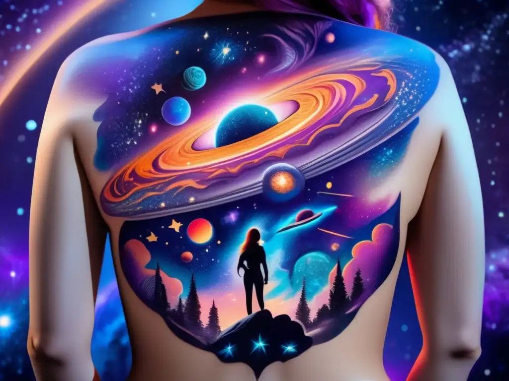 Espalda tatuada con escena cósmica Tatuajes estelares con asteroides: espalda detallada, diseño intrincado y vibrante, escena cósmica impactante