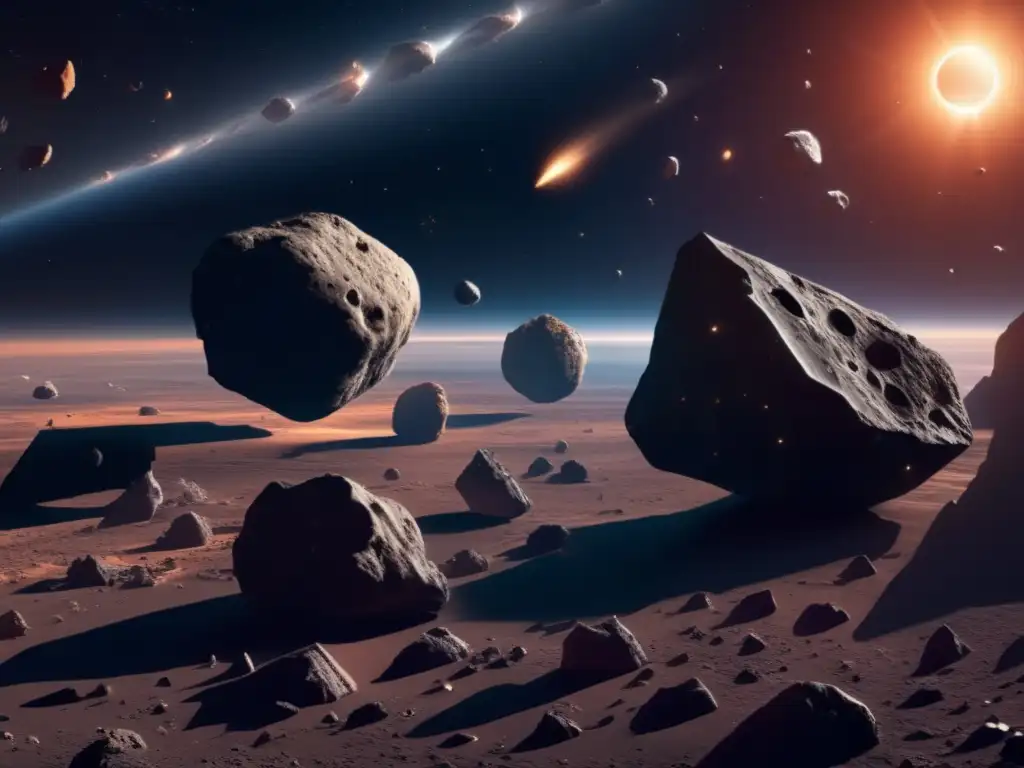 Taxonomía asteroides grandes forma tamaño, escena impresionante de asteroides flotando en el espacio, con formas únicas y tamaños diversos