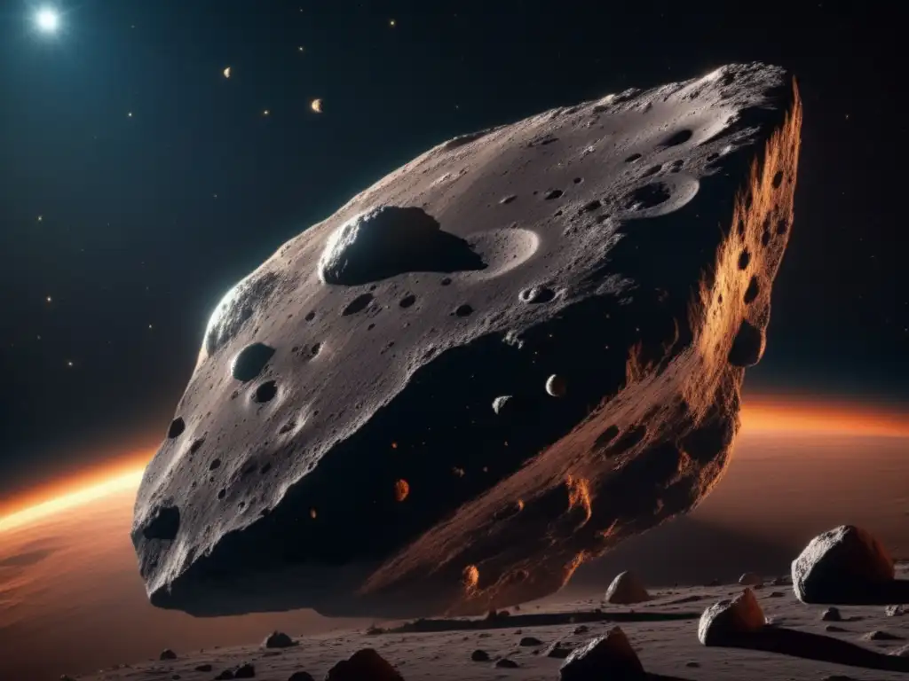 Técnicas de datación de asteroides tipo C: Imagen 8k detallada de un asteroide antiguo, sus características únicas y el vasto espacio