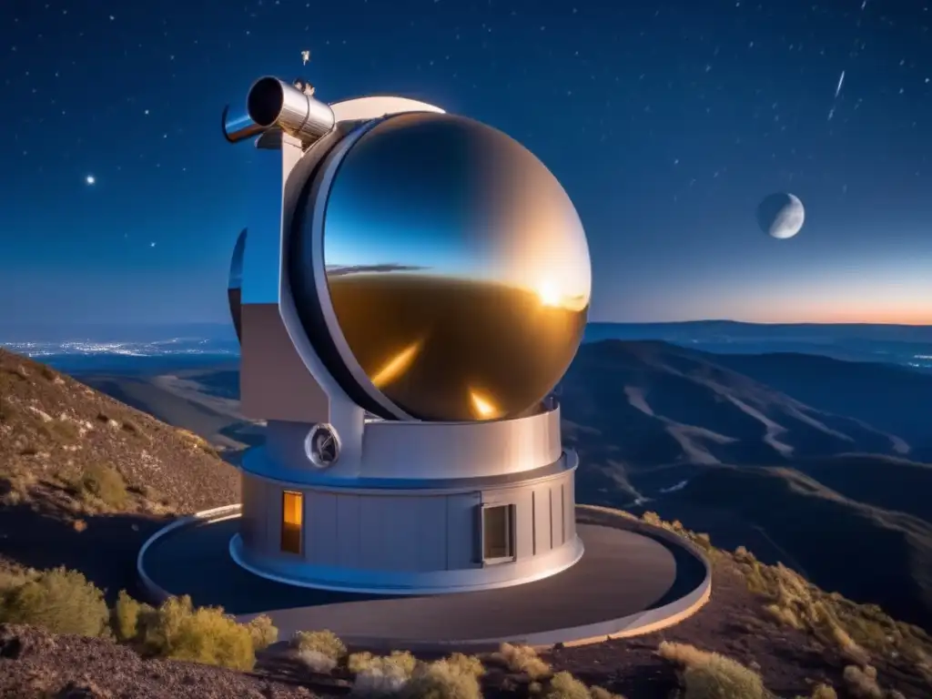 Tecnología observación asteroides avanzada en montaña con telescopio y científicos discutiendo